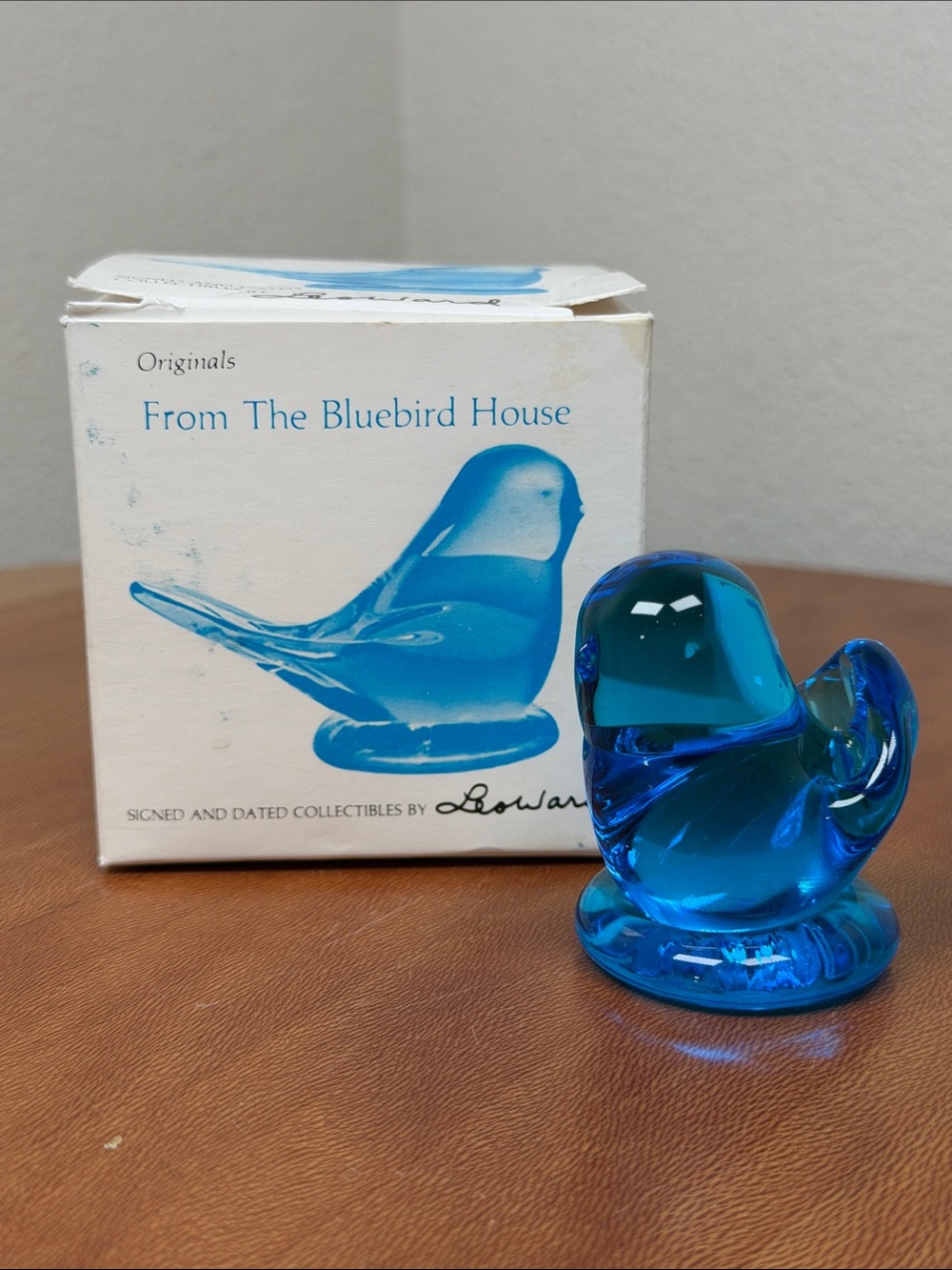 2002 Leo Ward Blue Bird Of Happiness Terra Studios Blue Glass Hand Signed Box